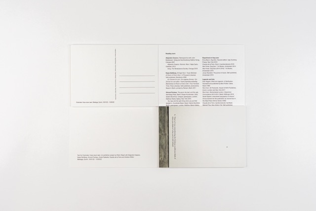Footnotes I have never seen. A postcard book by Robin Waart with Alejandro Cesarco, Kajsa Dahlberg, Vincent Fecteau, Goda Palekaitė, Claudia de la Torre, Andrew Witkin. Photo: Ayako Nishibori. ISBN 978-90-829362-4-7