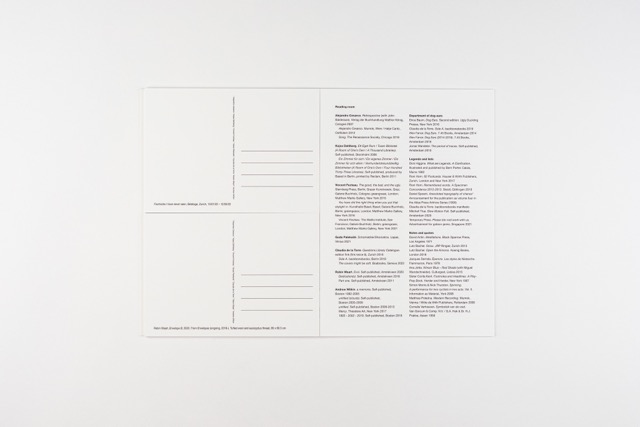 Footnotes I have never seen. A postcard book by Robin Waart with Alejandro Cesarco, Kajsa Dahlberg, Vincent Fecteau, Goda Palekaitė, Claudia de la Torre, Andrew Witkin. Photo: Ayako Nishibori. ISBN 978-90-829362-4-7